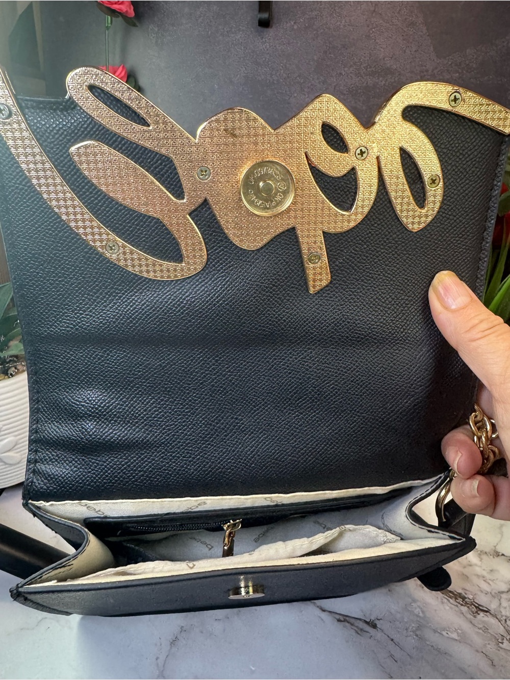 bebe Black Crossbody Bag with Gold Script and Chain - Picture 6 of 13